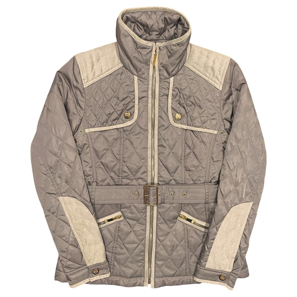 Vince Camuto XS Faux-Suede Trim Quilted Belted Jacket Equestrian Taupe Gold Coat